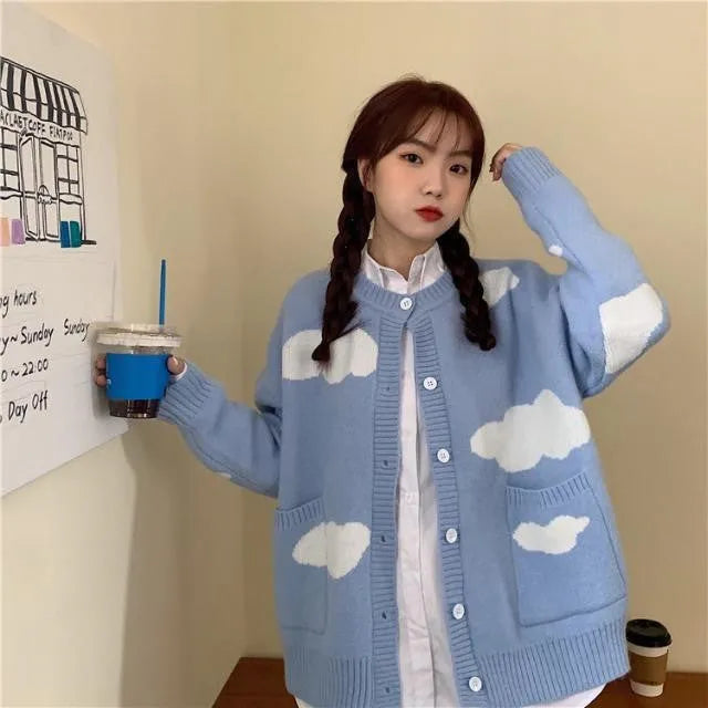 Blue cloud pattern women's cardigan sweater with loose fit and long sleeves for autumn winter wear