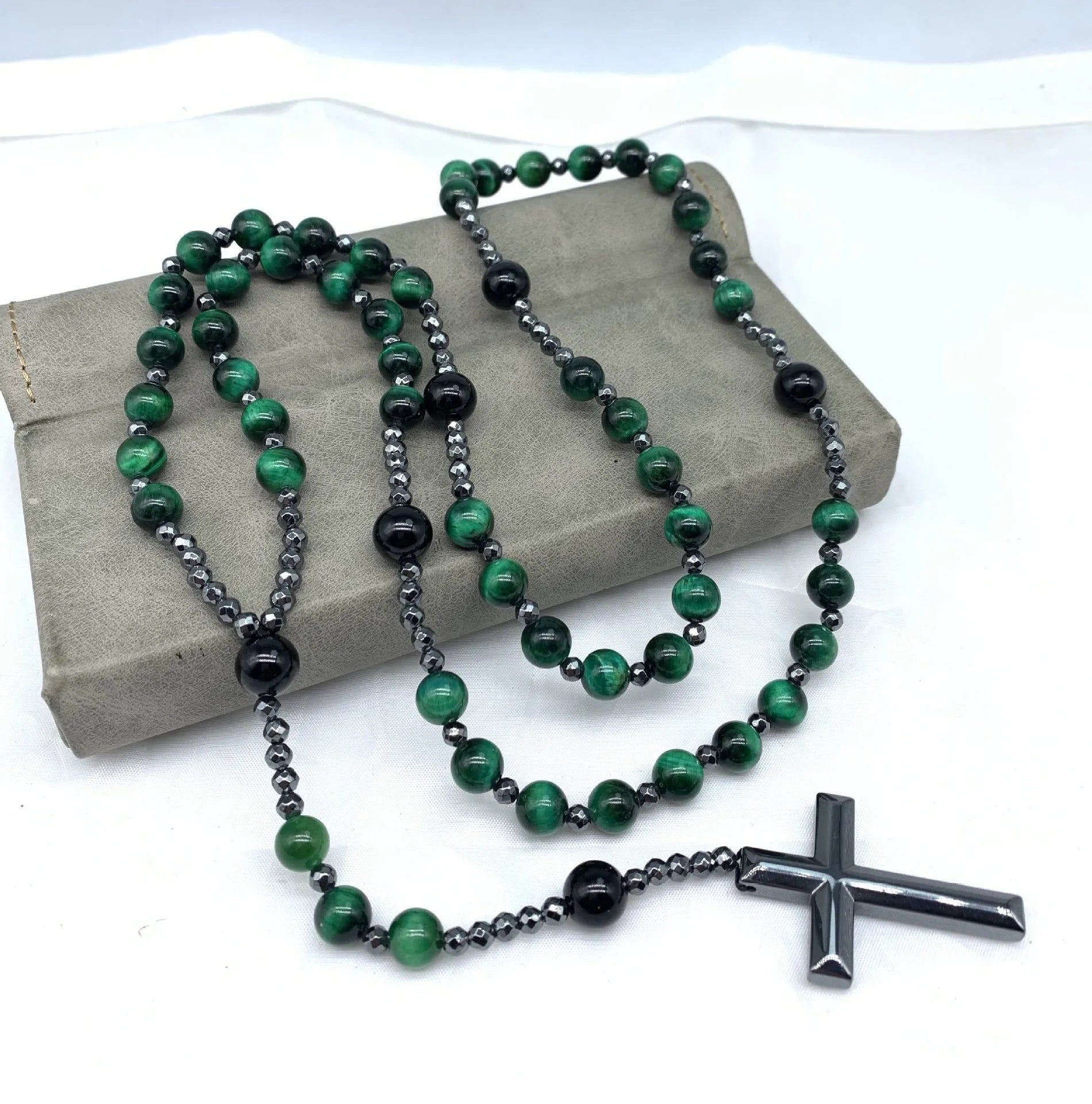 Men's stone cross pendant necklace on an 80cm ball bead chain