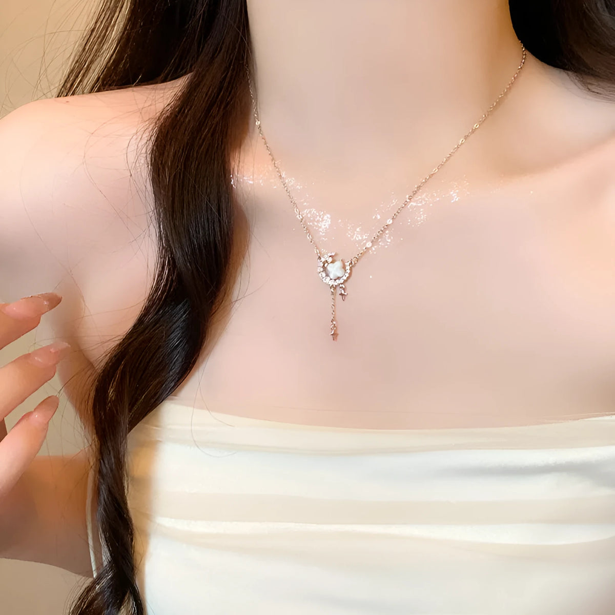 Gold and silver star moon zirconium necklace with adjustable 41-50cm clavicle chain