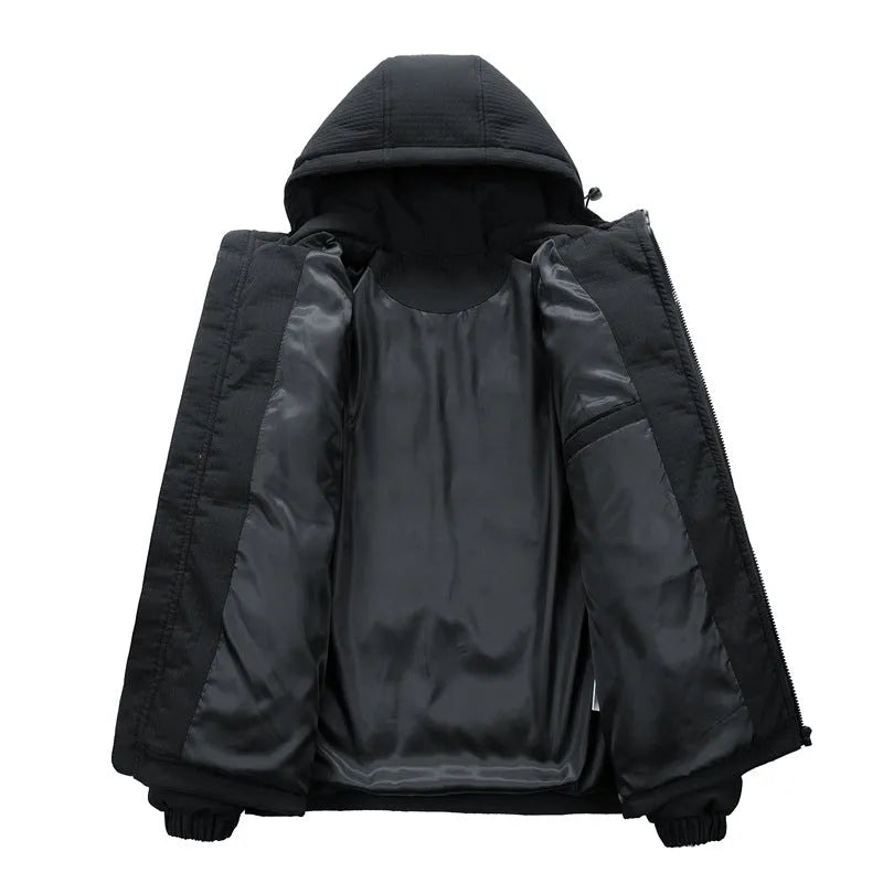 Men's black cotton-padded hooded coat with white letter print and side pockets in Korean cardigan style