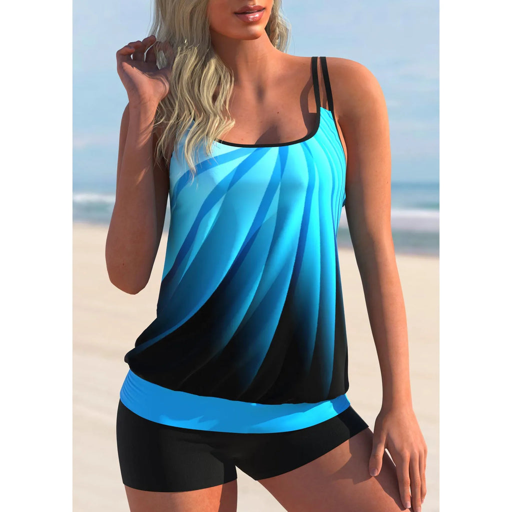 Women's plus size printed swimsuit set with strap top and beach shorts in butterfly pattern