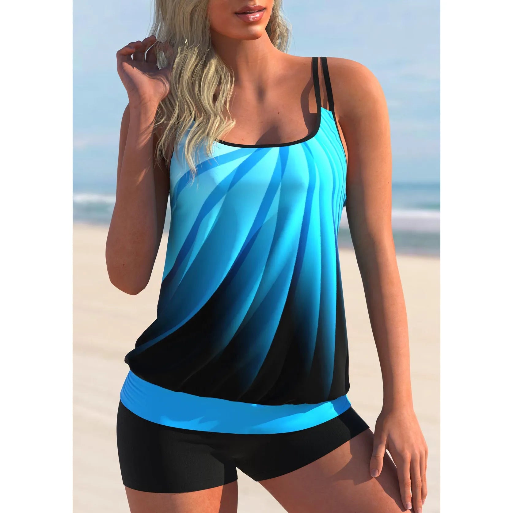 Women's plus size printed swimsuit set with strap top and beach shorts in butterfly pattern