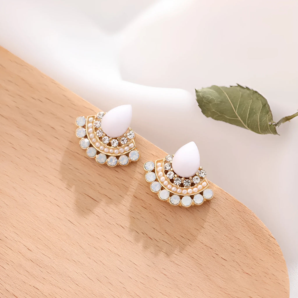 Women's silver geometric fan-shaped earrings with rhinestone and opal decorative details