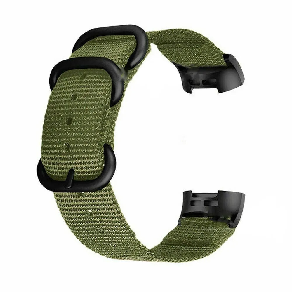 Fitbit Charge nylon replacement strap with three-ring buckle in army green colour.