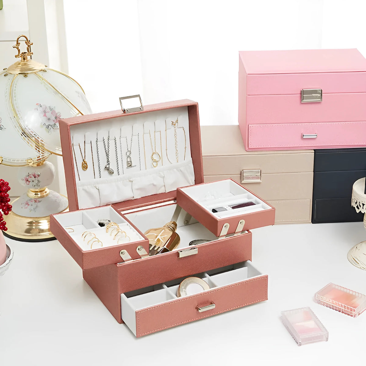 PU leather hard case jewellery storage box in beige, black, pink or rose gold colours