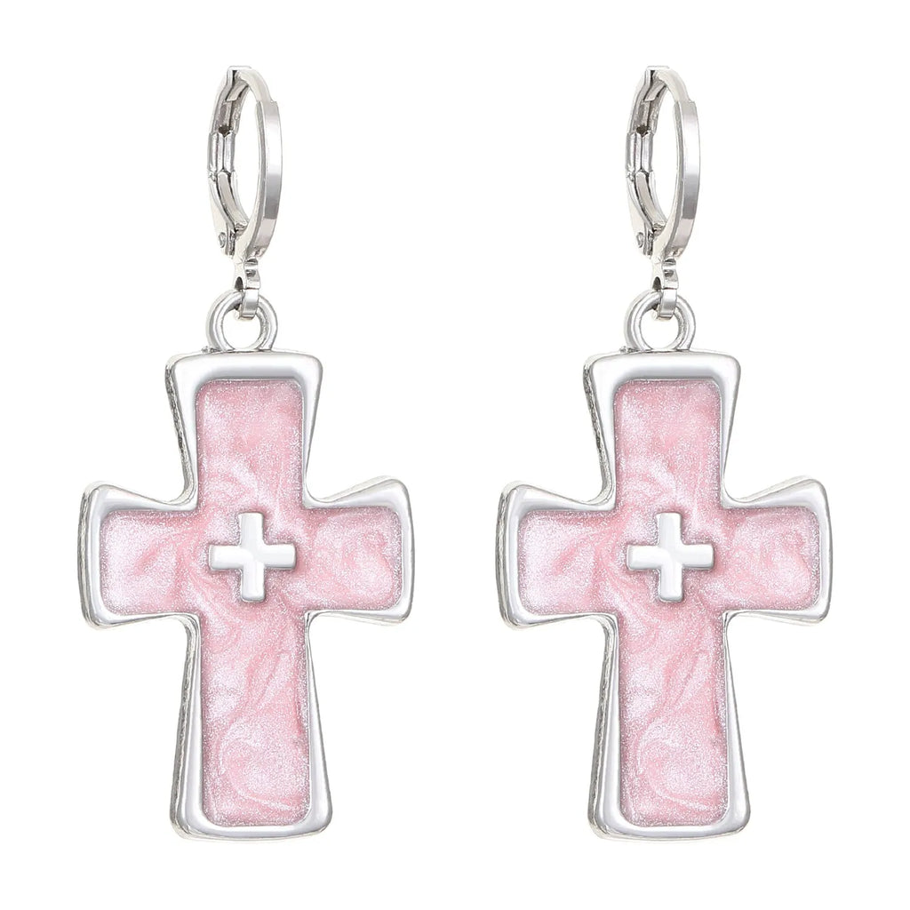 Women's alloy earrings with cross, heart, animal, and zodiac designs in white, black cat, and antique silver finishes