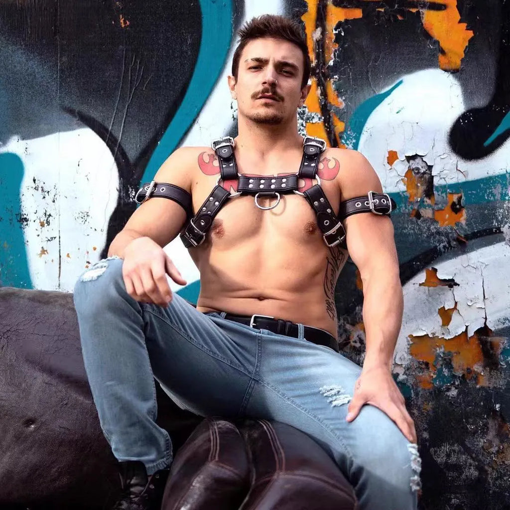 Black leather adjustable chest muscle bondage strap with metal buckle fastening