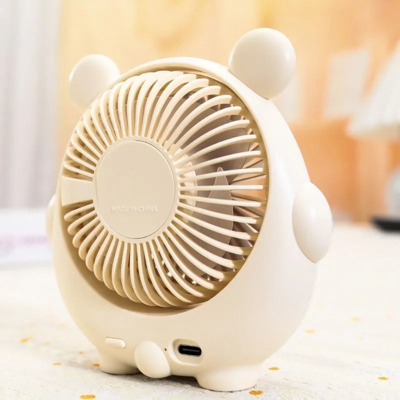 Desktop USB fan for dogs showing adjustable speed settings and colourful pet-themed designs