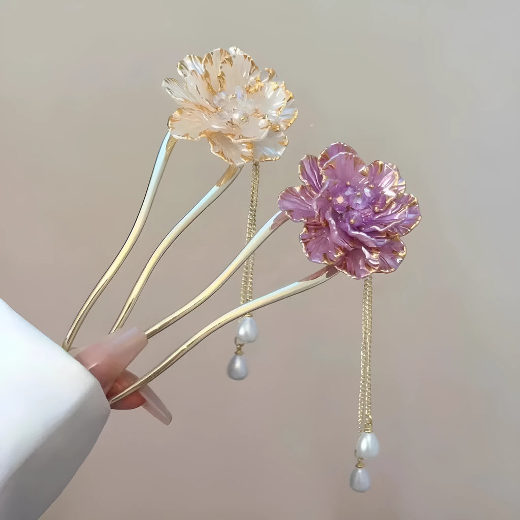 Purple and white retro peony flower U-shaped hairpin with tassel detail