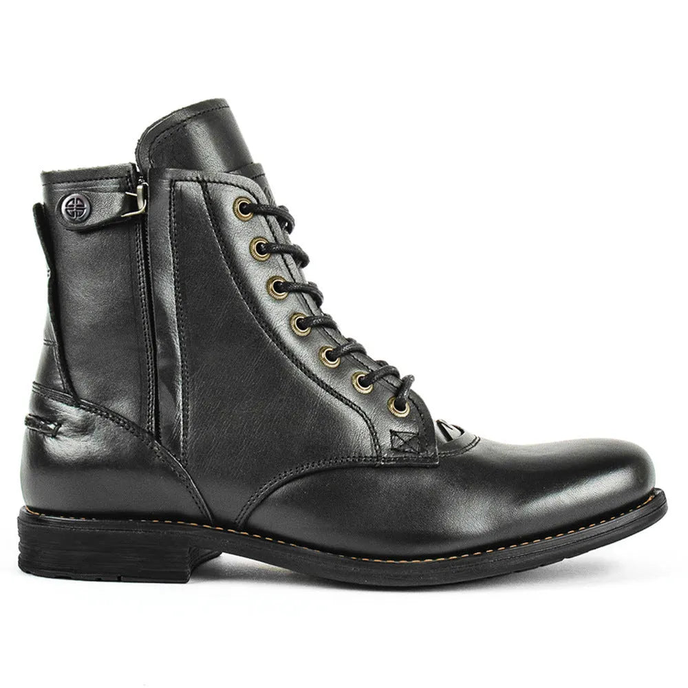 Knight Series men's two-tone leather ankle boots with side zipper, shown in black and brown.
