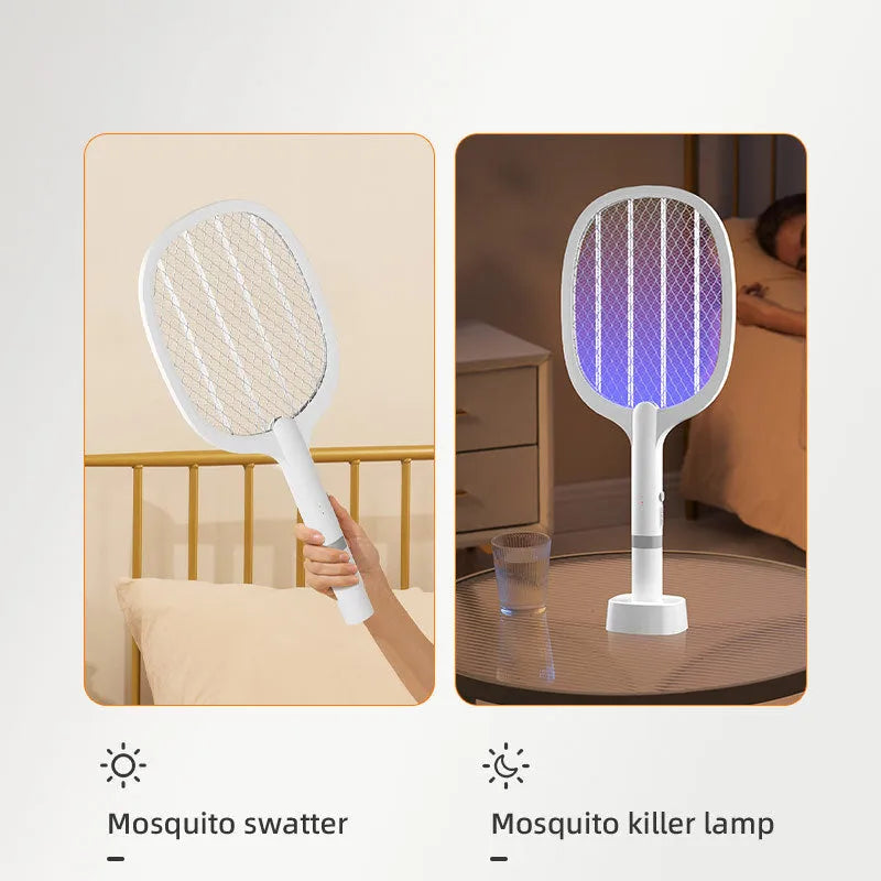 Yellow and blue rechargeable electric mosquito swatter with USB charging cable.