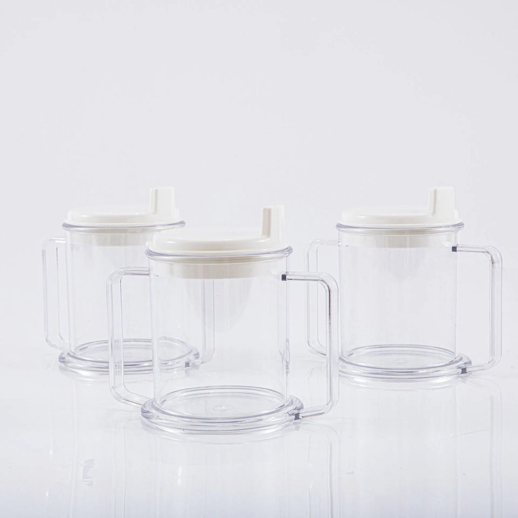 Transparent plastic drinking cup with spill-proof design showing 301-400ml capacity