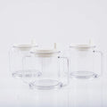 Transparent plastic drinking cup with spill-proof design showing 301-400ml capacity
