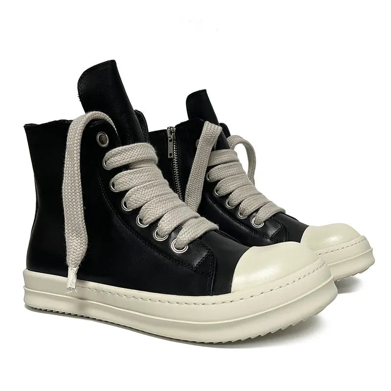 Black genuine leather high-top sneakers with a side zipper and round toe on a rubber platform sole.