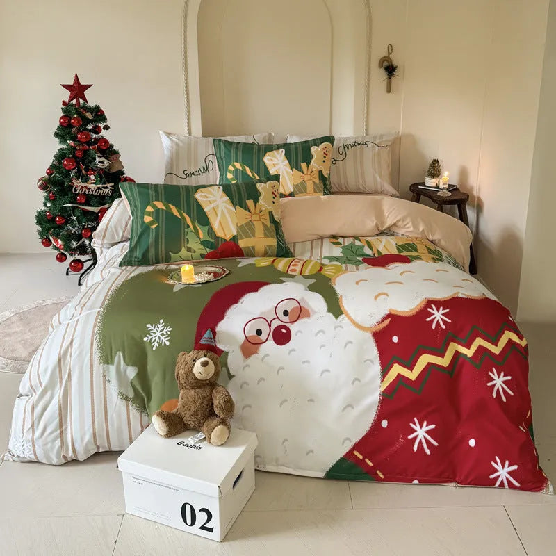 Christmas cartoon print bedding set with gingerbread man design on washed cotton, showing duvet cover and pillowcases.