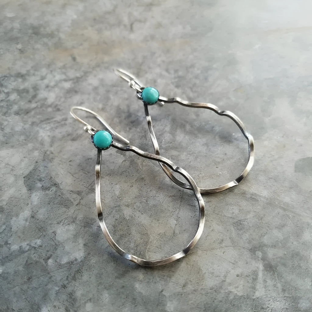 Bohemian circle geometric earrings with turquoise accents in antique silver finish