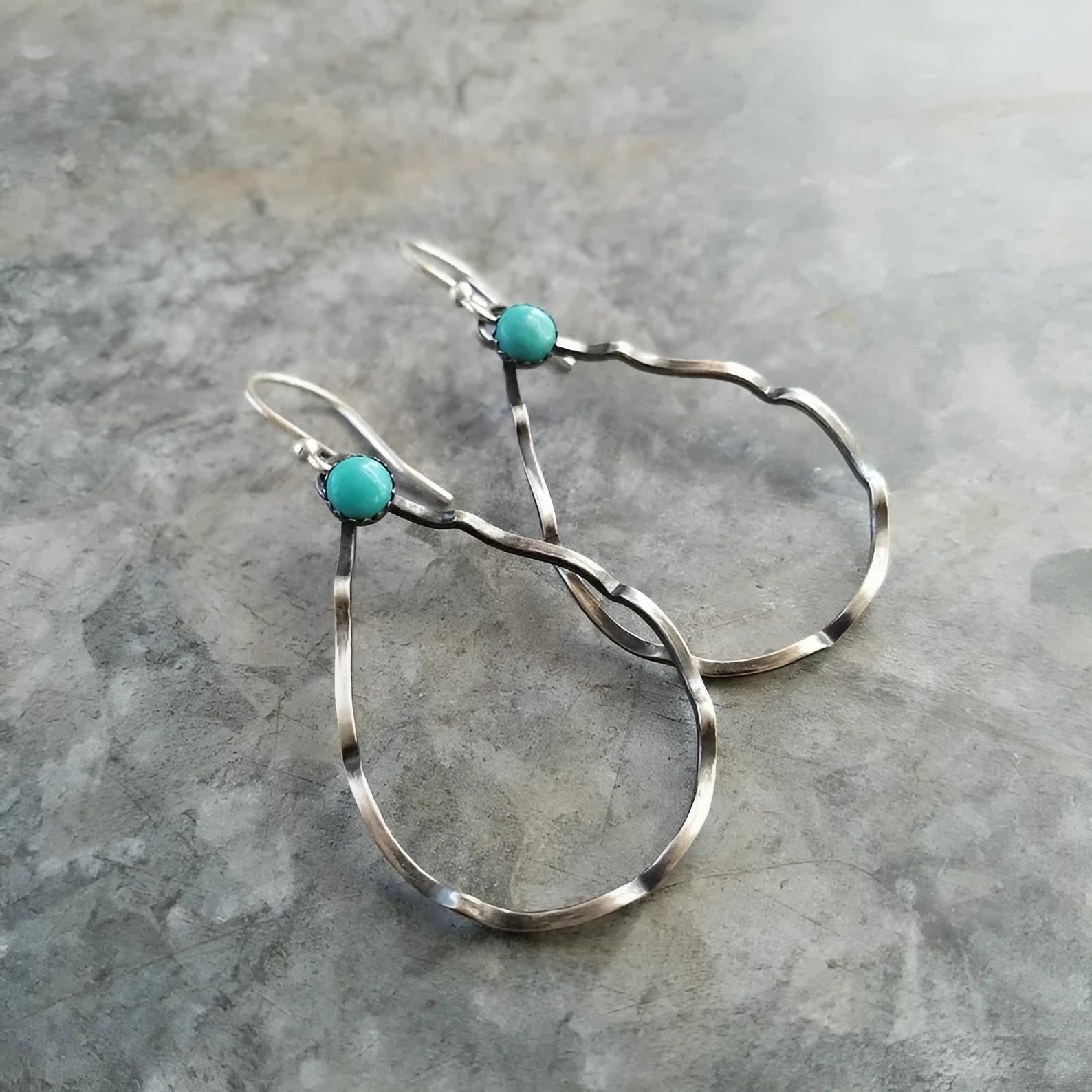 Bohemian circle geometric earrings with turquoise accents in antique silver finish