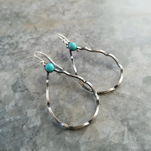 Bohemian circle geometric earrings with turquoise accents in antique silver finish