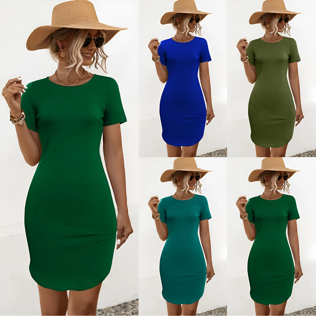 Women's slim solid colour short sleeve dress with a U-shaped split design detail.