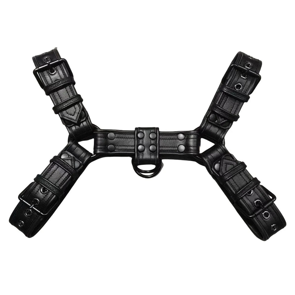 Black leather adjustable chest muscle bondage strap with metal buckle fastening