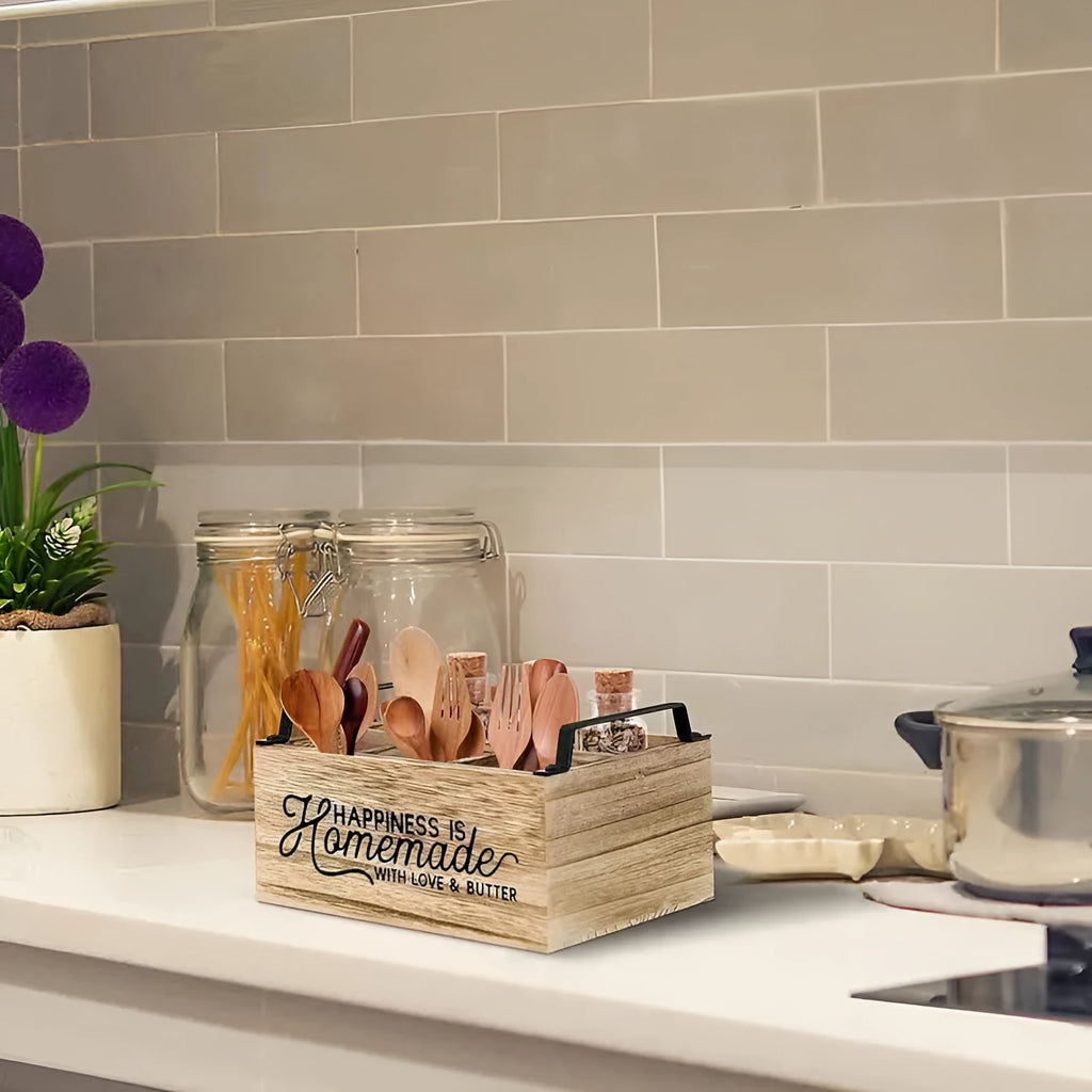 Wooden kitchen storage box with grid compartments in modern minimalist style