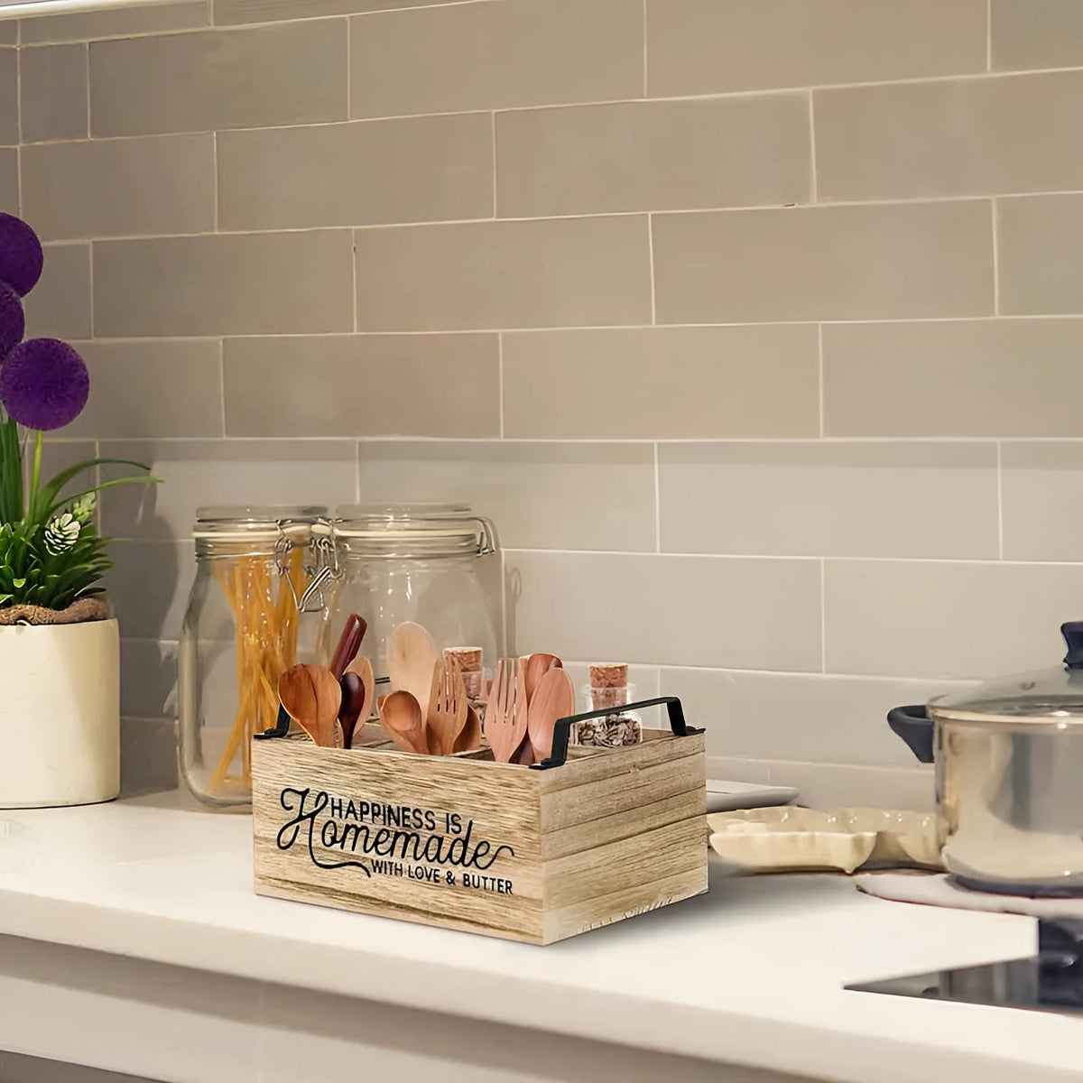 Wooden kitchen storage box with grid compartments in modern minimalist style