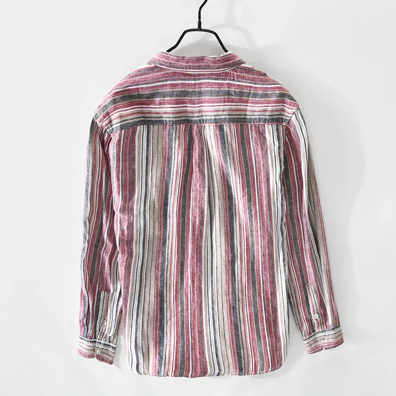 Men's casual long sleeve linen shirt with stripe pattern in grey or red loose fit