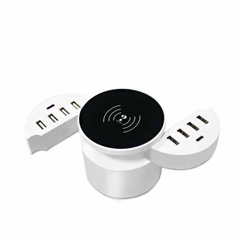Ceramic white multi-port wireless circular smart phone charger with international adapters