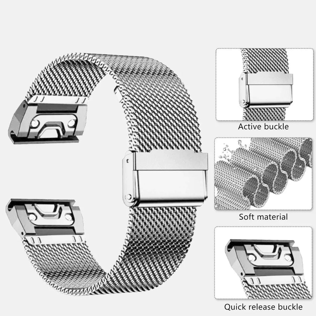 Stainless steel card strap for Garmin Fenix 7X 7 Pro 6X 6 smartwatch in silver, black, gold, or rose gold.