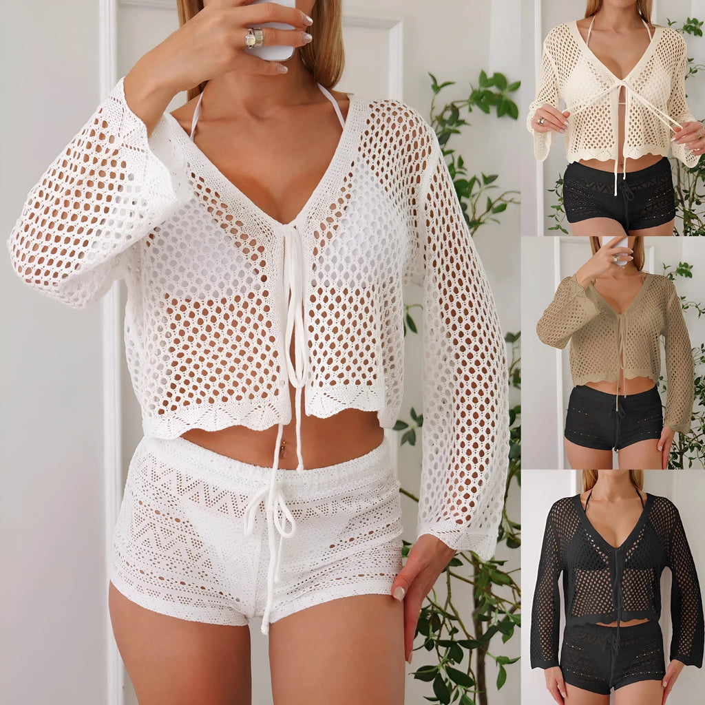 Women's apricot hollow woven cardigan blouse with bell sleeves laid flat showing 40cm length