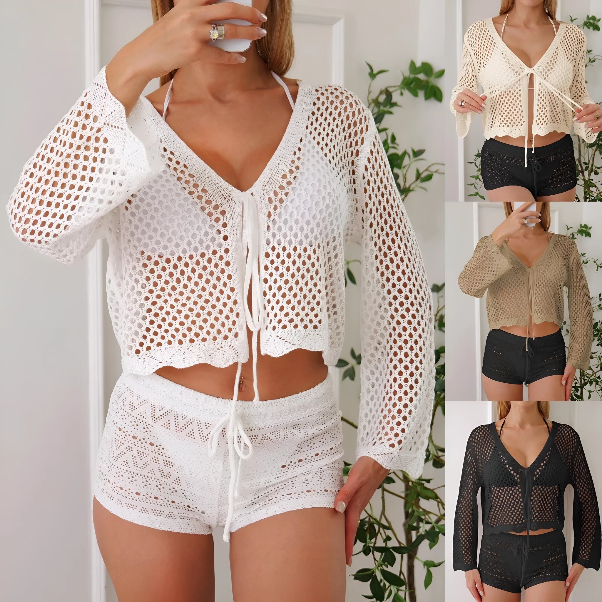 Women's apricot hollow woven cardigan blouse with bell sleeves laid flat showing 40cm length