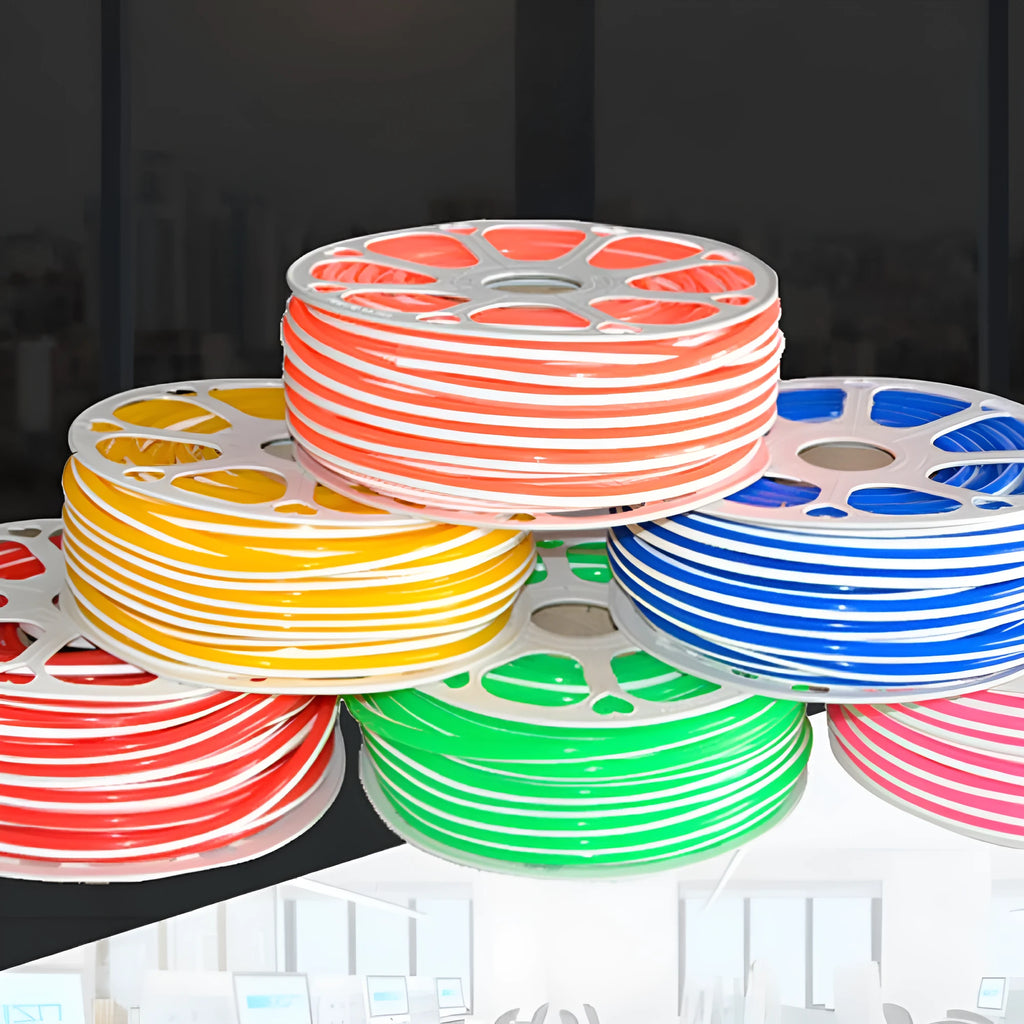 Flexible silicone neon light bar decorative seal in nine colour options showing 8mm diameter and 50 metre length