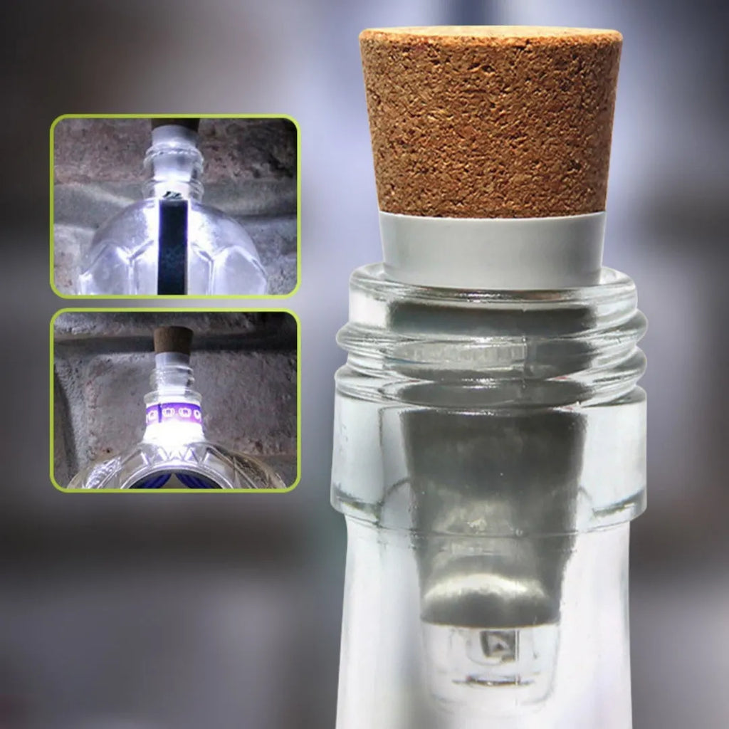 Rechargeable LED bottle cap cork light with plastic shell and 15 LED beads for decoration.