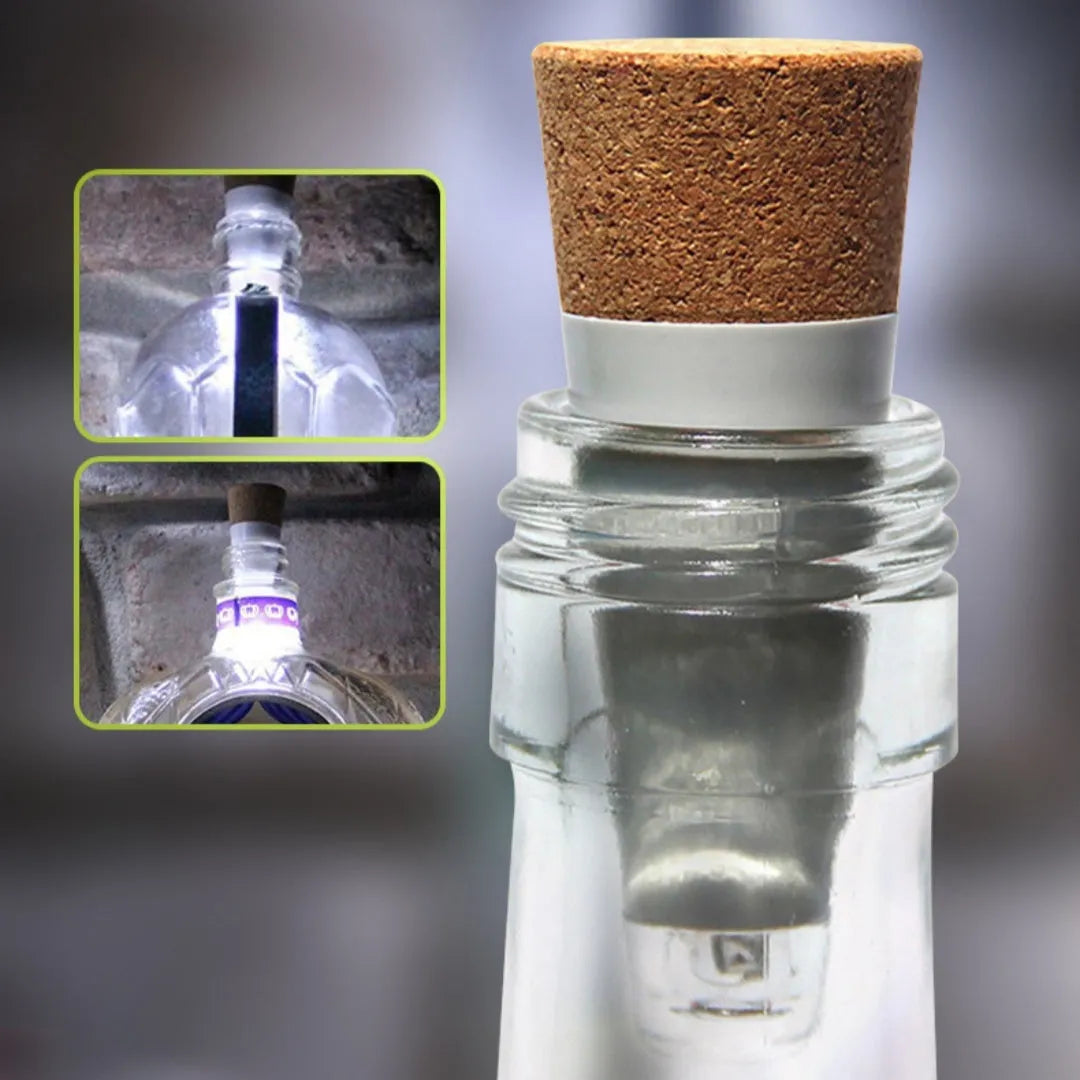 Rechargeable LED bottle cap cork light with plastic shell and 15 LED beads for decoration.
