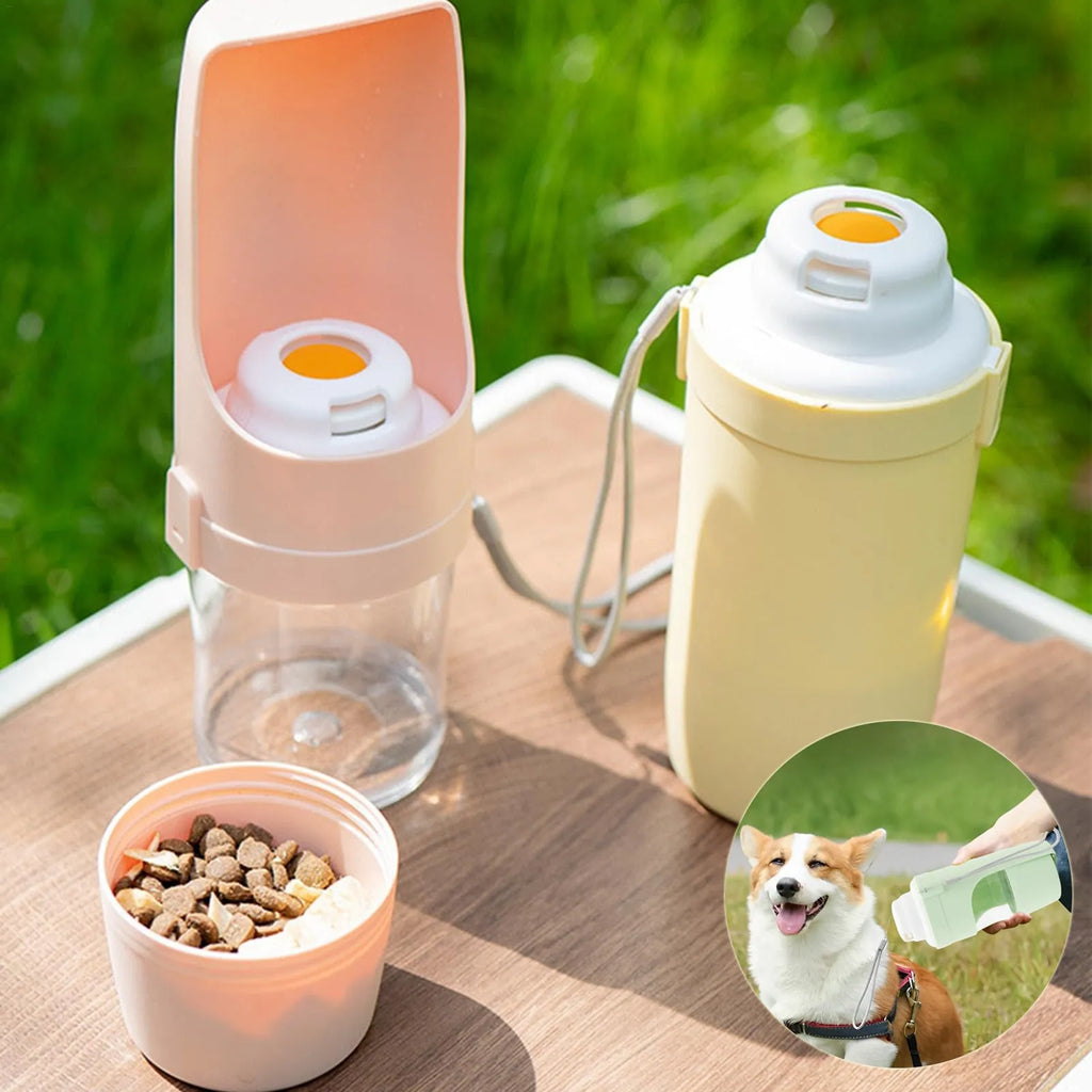 Green 2-in-1 travel dog water bottle and food container with attached lanyard, shown folded.