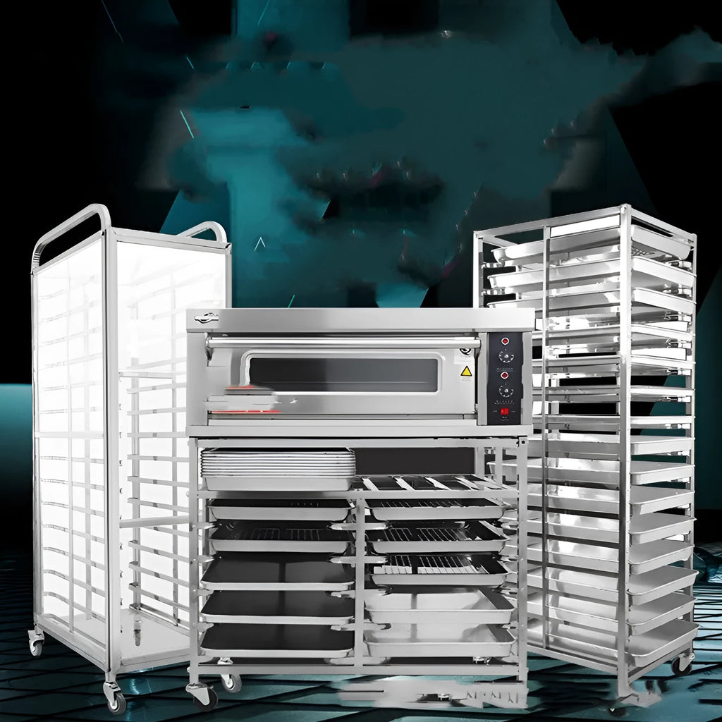 Stainless steel six-layer baking rack with lock, tray size 40cm by 60cm.