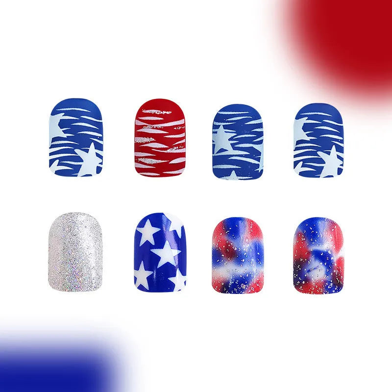 Red and blue glitter artificial nail tips with short European square shape.