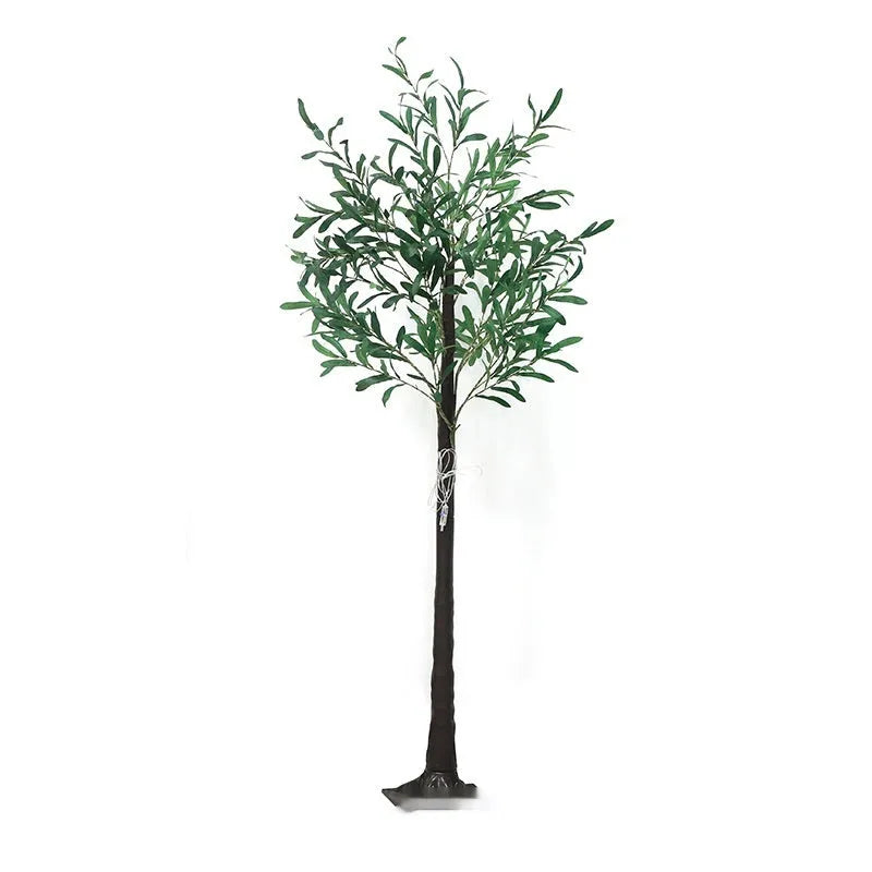 Tall 1.8m artificial olive tree lamp with warm white LEDs illuminating simulation leaves in a courtyard setting.