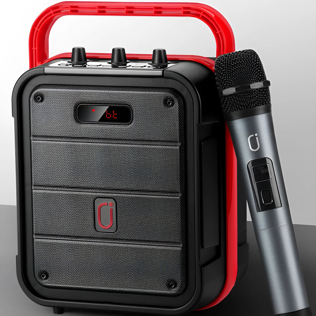Portable MS62AI Bluetooth speaker with wireless microphone and remote control on a table