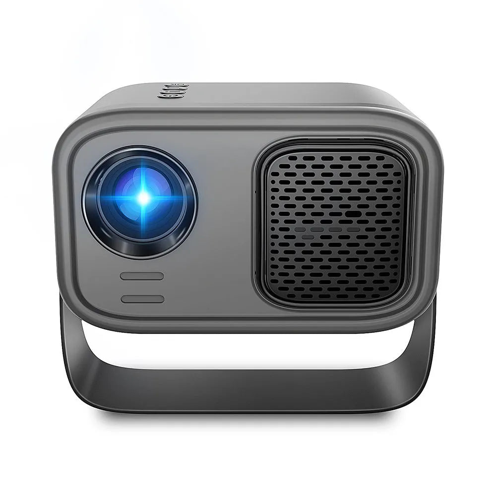 Black smart portable projector with HD 1280×720 resolution and included remote control