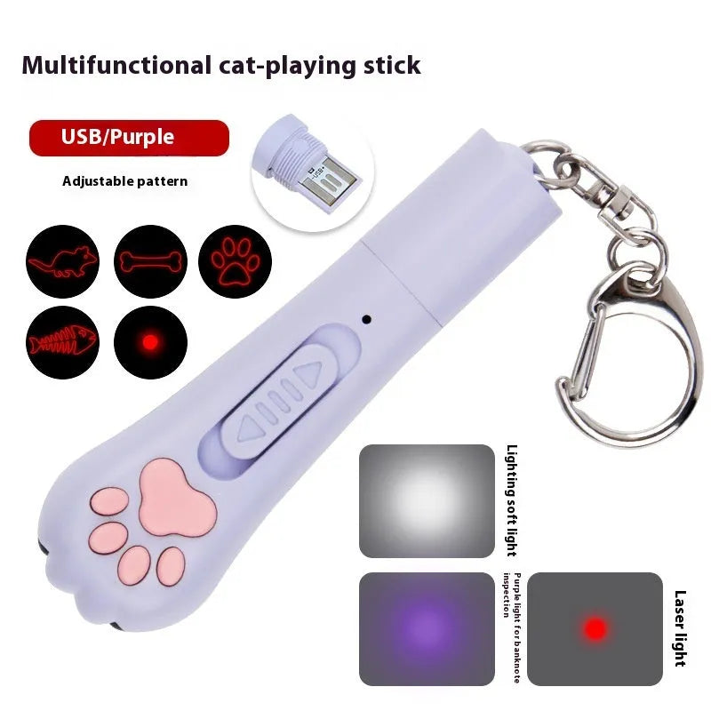 Blue rechargeable infrared cat toy projecting laser footprints on floor with separate cat teasing stick.