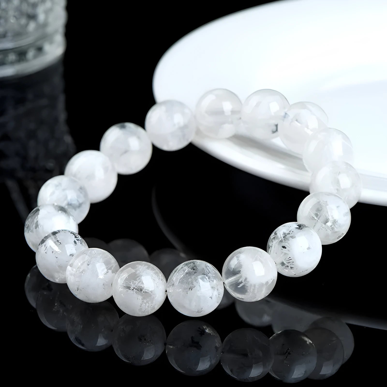 Natural crystal women's bracelet with blizzard snowflake round beads and geometric design featuring Ruyi Xiangyun elements