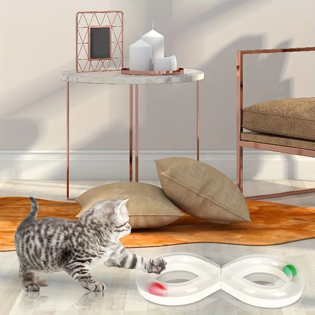 Blue and white plastic cat toy set with turntable track, tease sticks, and balls on a 50cm base