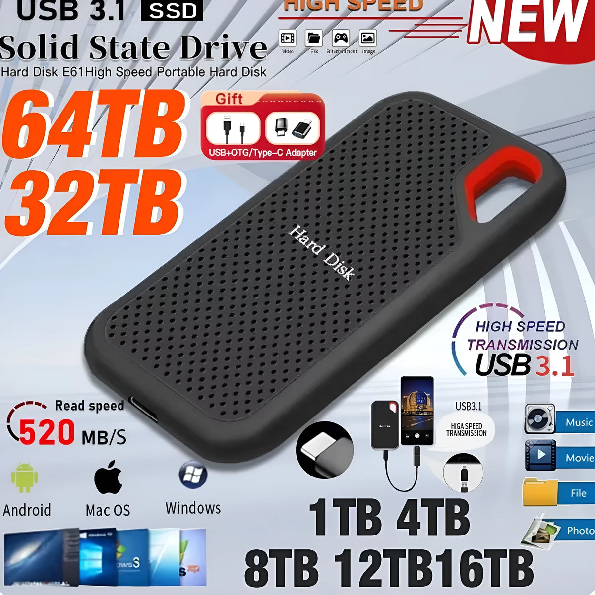 Black ABS portable SSD with Type-C 3.1 interface, shown as a mobile external solid state drive.