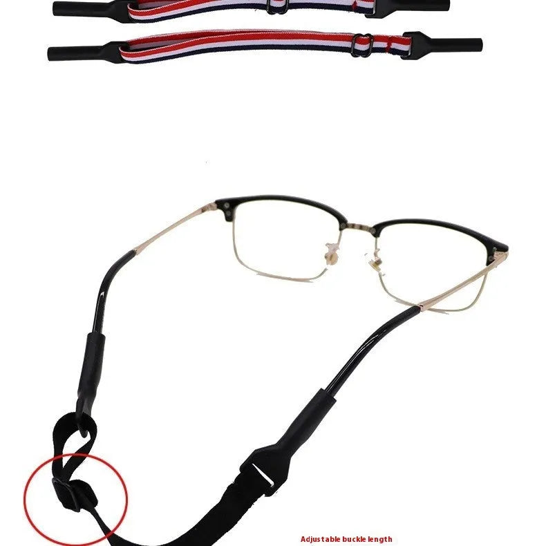 Black adjustable glasses retention cord with silicone end pieces shown in adult and children's sizing variants
