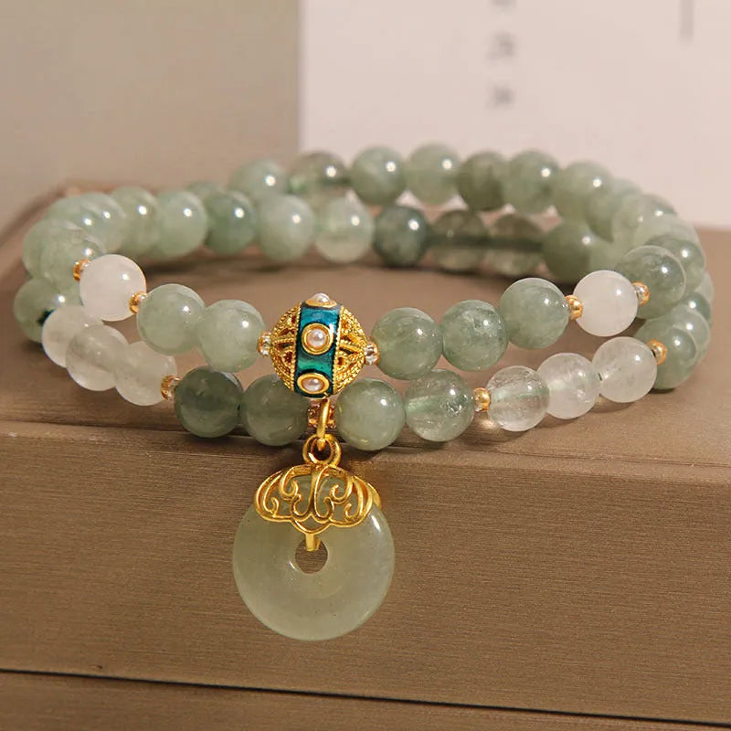 Women's double-layer aventurine crystal bracelet with oil green stones and rhinestone decoration