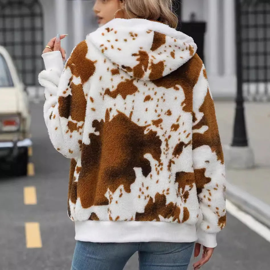 Yellow brown cow print hooded cardigan jacket with full zipper and regular sleeves