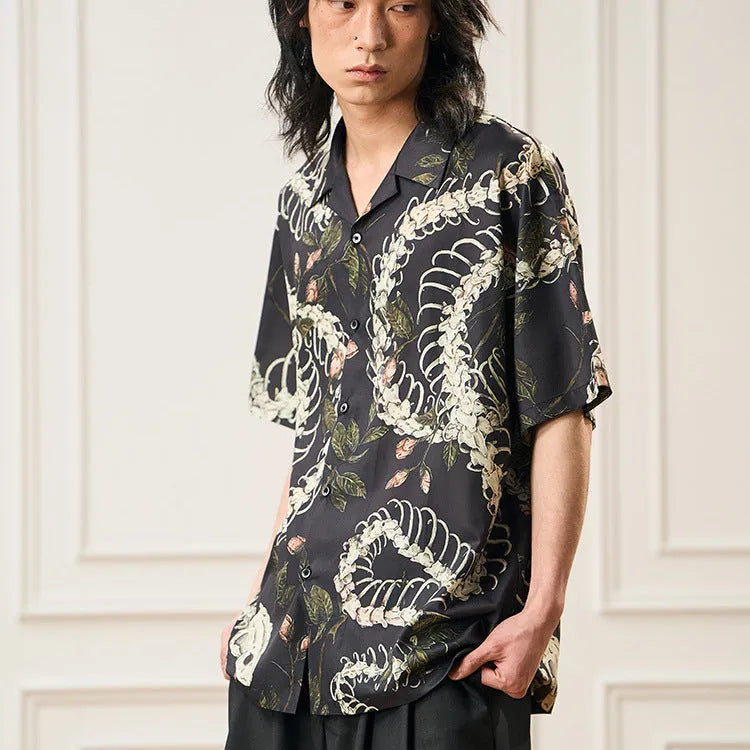 Men's snake bone floral print Cuban collar short sleeve shirt in loose fit
