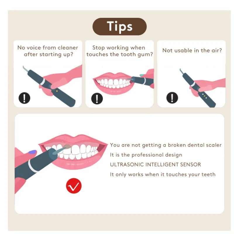 Gold ultrasonic tooth cleaning device for removing tartar and surface stains at home.