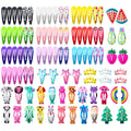 100 piece metal snap hair clips for girls in candy colours with animal, fruit, crown, star, and flower designs